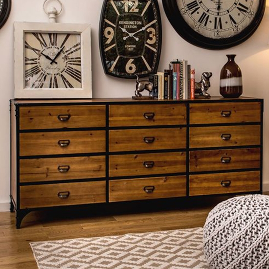 Neasden Wooden Chest Of 12 Drawers In Natural With Black Metal Legs