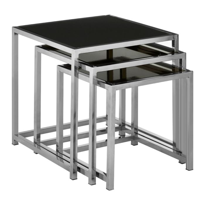 Axminster Black Glass Nest Of 3 Tables With Silver Stainless Steel Frame