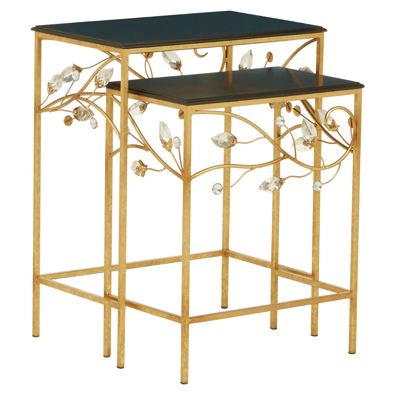 Yaxi Set Of 2 Wooden Side Tables In Black With Gold Metal Frame