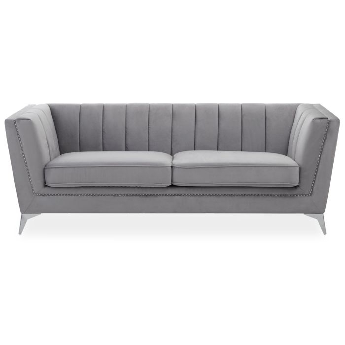 Haldis Velvet 3 Seater Sofa In Grey With Chrome Metal Legs