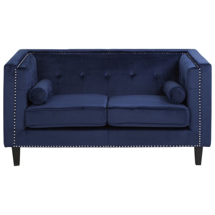 Fauna Velvet 2 Seater Sofa In Midnight Blue With Black Wooden Legs