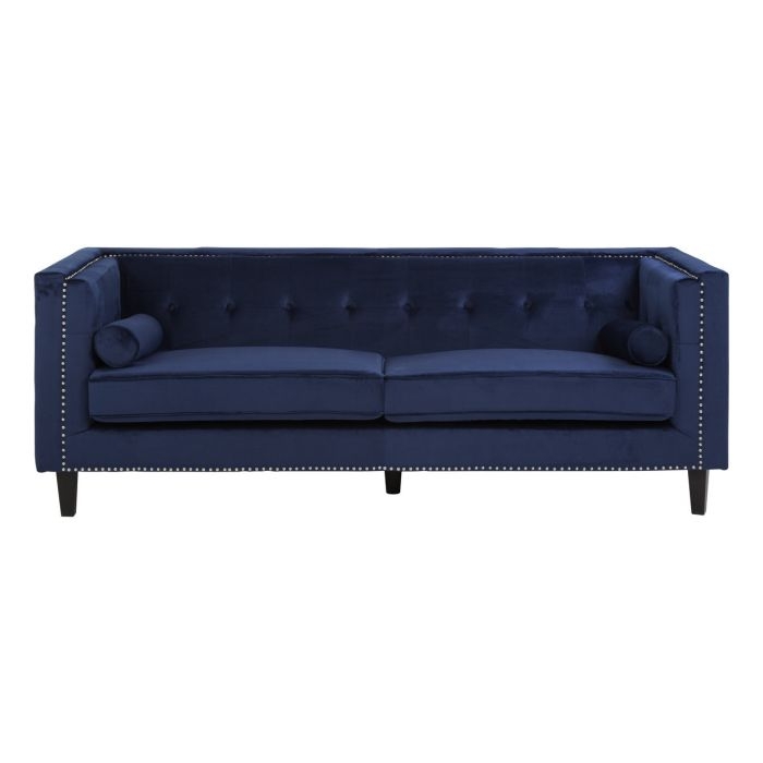 Fauna Velvet 3 Seater Sofa In Midnight Blue With Black Wooden Legs