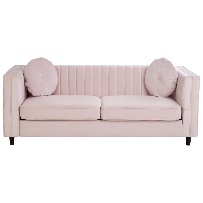 Fanning 3 Seater Velvet Sofa In Pink With Black Wooden Legs