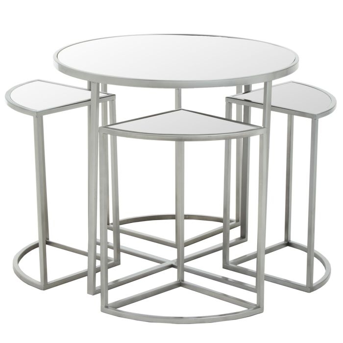 Egemen Mirrored Top Set Of 5 Side Tables With Silver Metal Base