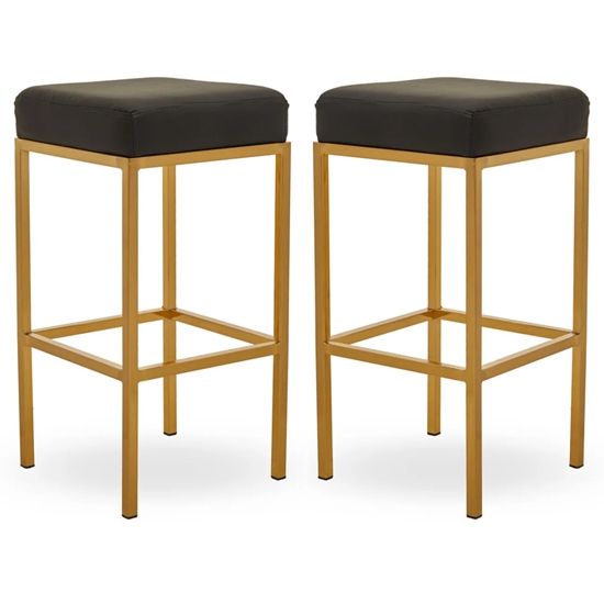 Bolney Black Faux Leather Bar Stools With Gold Metal Base In Pair