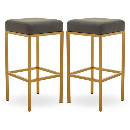 Bolney Grey Faux Leather Bar Stools With Gold Metal Base In Pair