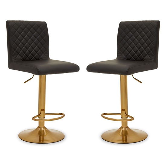 Bowburn Gas Lift Black Faux Leather Bar Stools With Gold Base In Pair