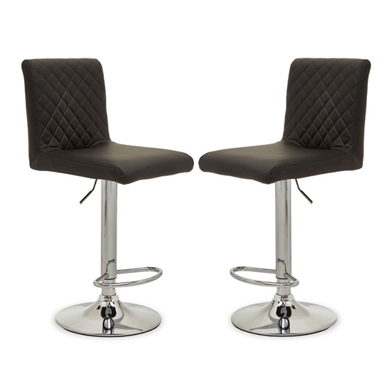 Bowburn Gas Lift Black Faux Leather Bar Stools With Chrome Base In Pair