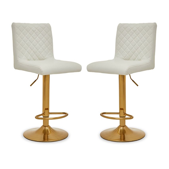 Bowburn Gas Lift White Faux Leather Bar Stools With Gold Base In Pair