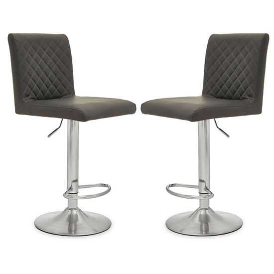 Bowburn Gas Lift Dark Grey Faux Leather Bar Stools With Chrome Base In Pair