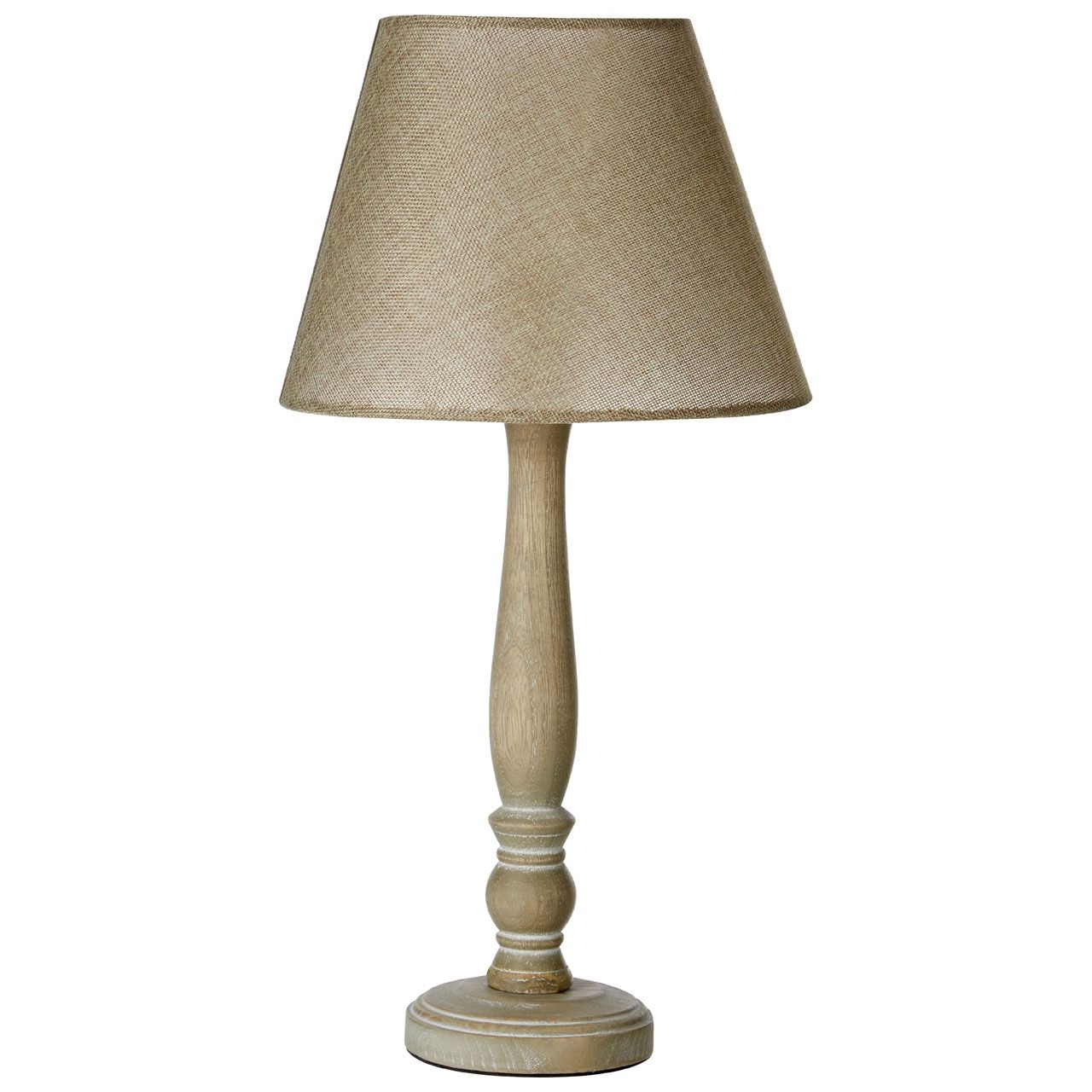 Maine Beige Fabric Shade Table Lamp With Natural Candlestick Wooden Base