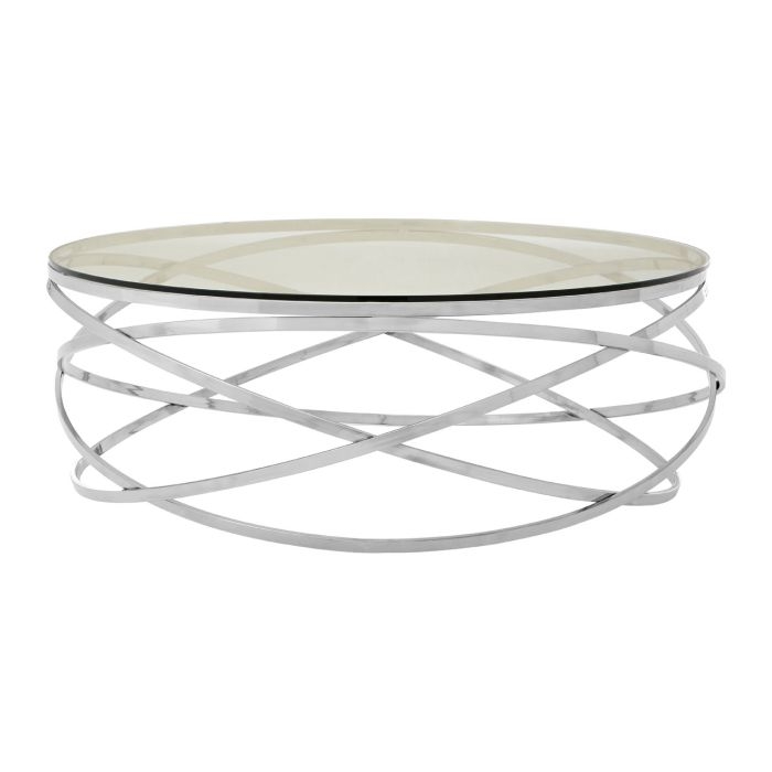 Anaco Round Glass Coffee Table With Silver Swirl Stainless Steel Base