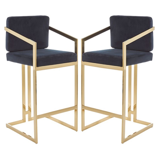 Amberley Black Velvet Bar Stools With Gold Frame In Pair