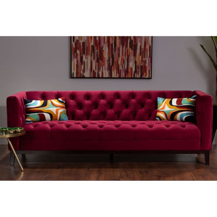 Sabine Crimson Fabric 3 Seater Sofa In Red With Rubberwood Legs