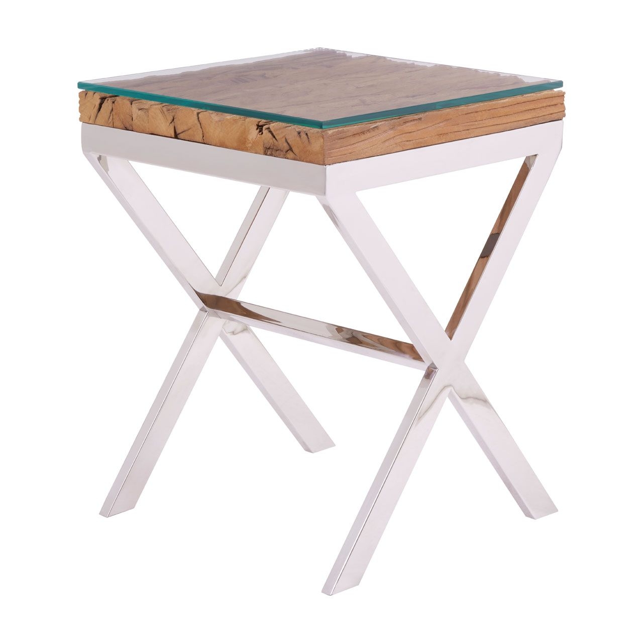 Kero Glass Side Table In Natural With Cross Stainless Steel Base