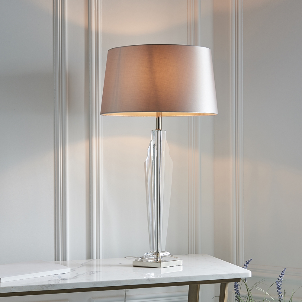 Gatsby Grey Shade Table Lamp In Polished Nickel And Clear Crystal