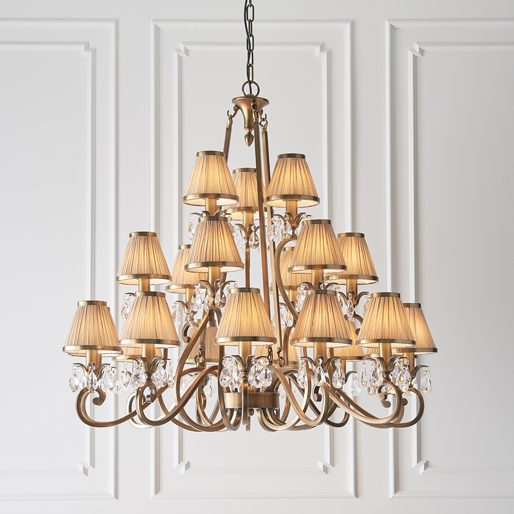 Oksana Beige Shades 21 Lights Ceiling Pendant Light In Antique Brass