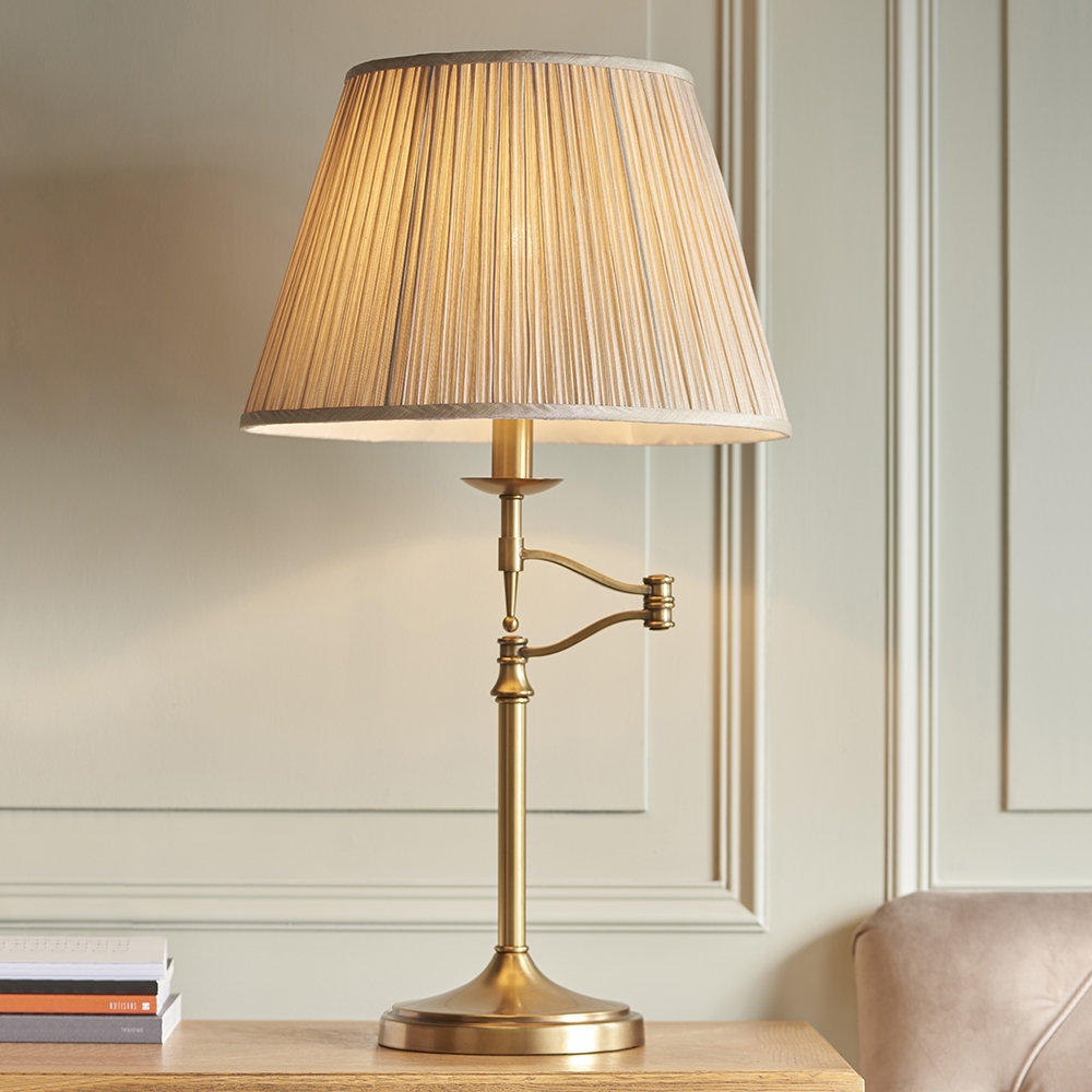 Stanford Beige Shade Swing Arm Table Lamp In Antique Brass