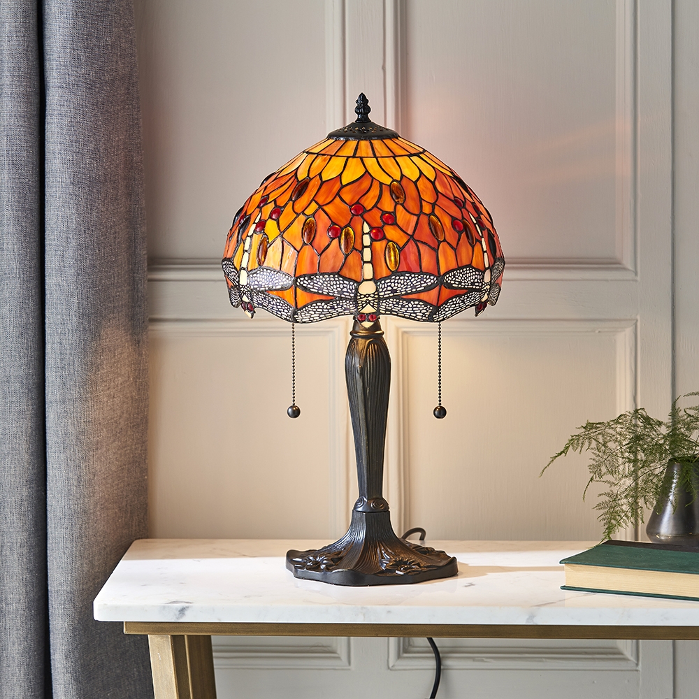 Dragonfly Tiffany Glass Flame Small Table Lamp In Dark Bronze