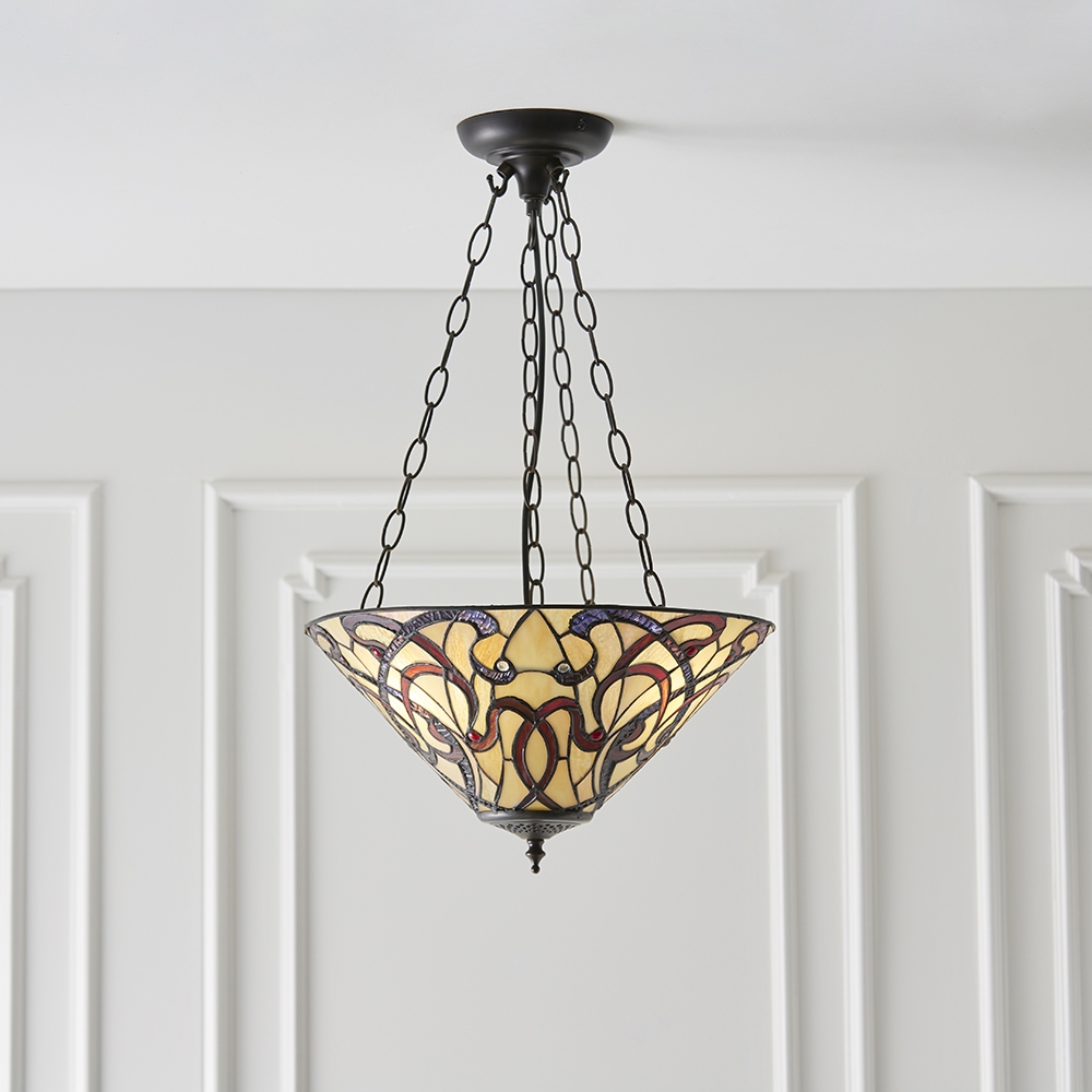 Ruban Medium Inverted Tiffany Glass 3 Lights Ceiling Pendant Light In Dark Bronze