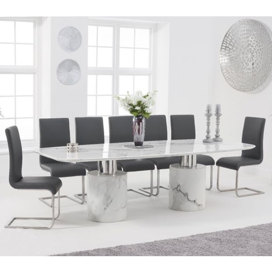 Adeline 260cm White Marble Rectangular Dining Table With 8 Malibu Grey Chairs