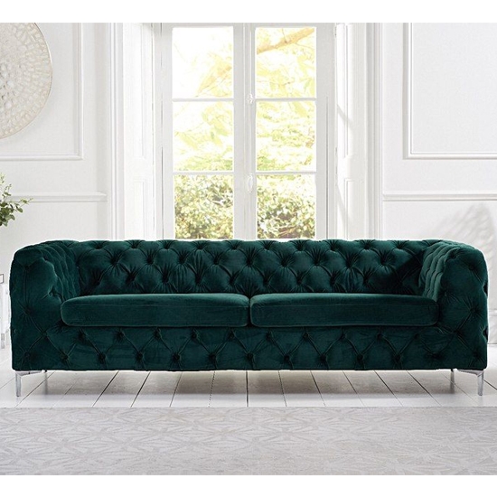 Alegra Plush Fabric Upholstered 3 Seater Sofa In Green