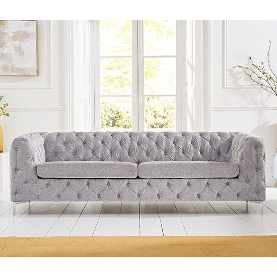 Alegra Plush Fabric Upholstered 3 Seater Sofa In Grey