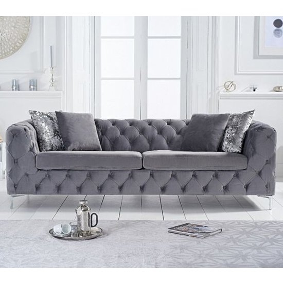 Alegra Velvet Upholstered 3 Seater Sofa In Grey