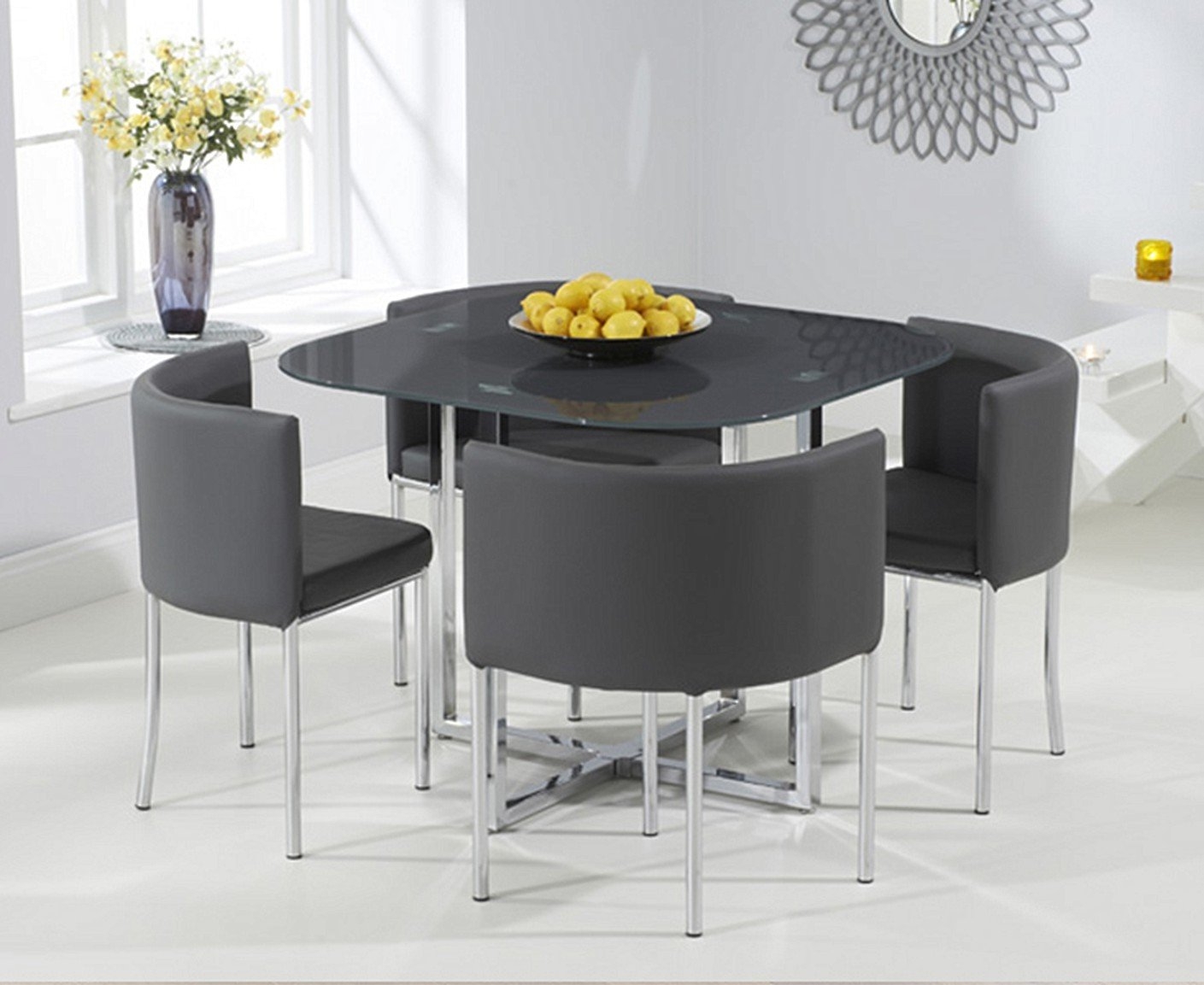 Abingdon Grey Glass Stowaway Dining Set With 4 Grey Dining Chairs