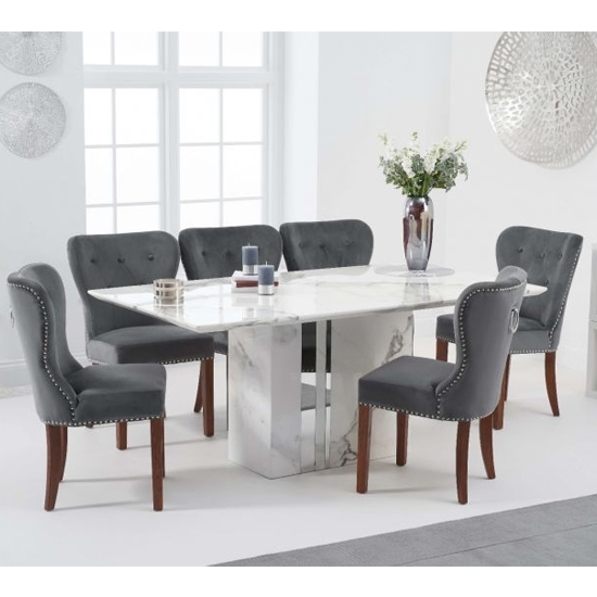 Alice 180cm White Marble Rectangular Dining Table With 6 Kalim Grey Chairs