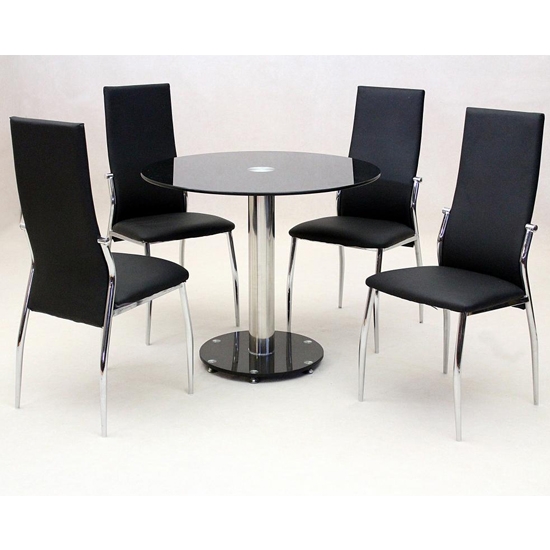 Alonza Black Glass Dining Set With Chrome Stand And 4 Black Chairs