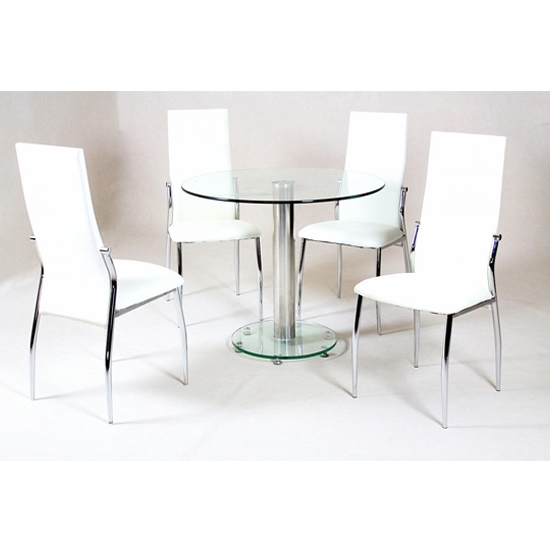 Alonza Clear Glass Dining Set With Chrome Stand And 4 White Chairs