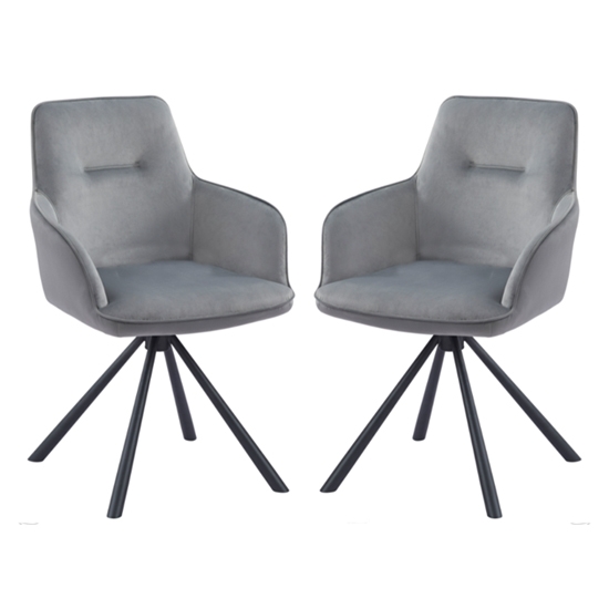 Amalia Swivel Grey French Velvet Upholstered Dining Chairs In Pair
