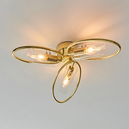 Amari Clear Glass Shades 3 Lights Semi Flush Ceiling Light In Polished Brass