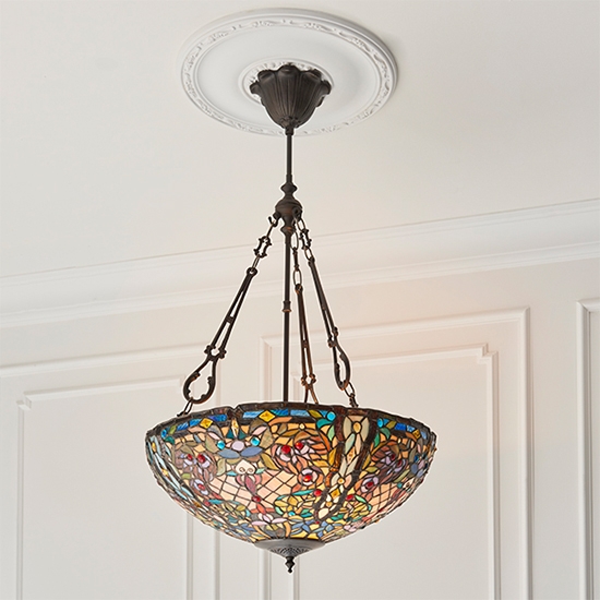 Anderson Inverted 3 Lights Tiffany Glass Ceiling Pendant Light In Dark Bronze