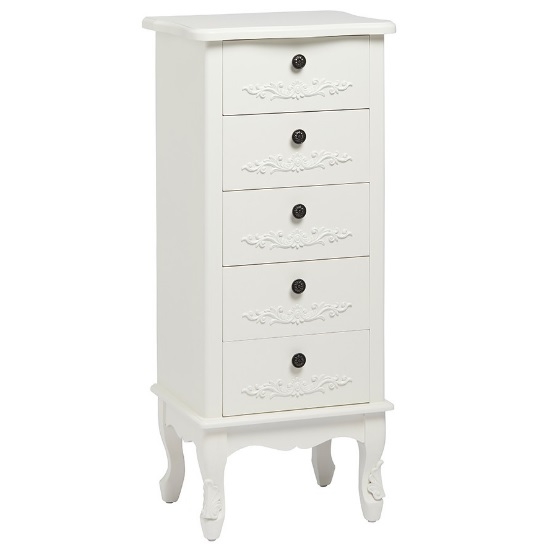 Antoinette Tall Chest Of Drawers In White With 5 Drawers