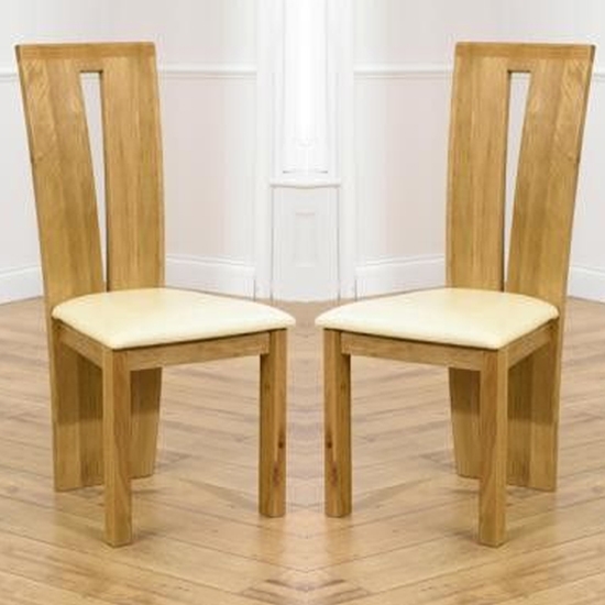 Arizona Oak Wooden Dining Chairs With Cream Leather Seat In Pair