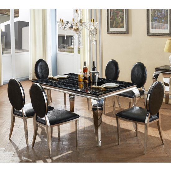 Arriana Black Marble Dining Set With Stainless Steel Legs And 6 Chairs