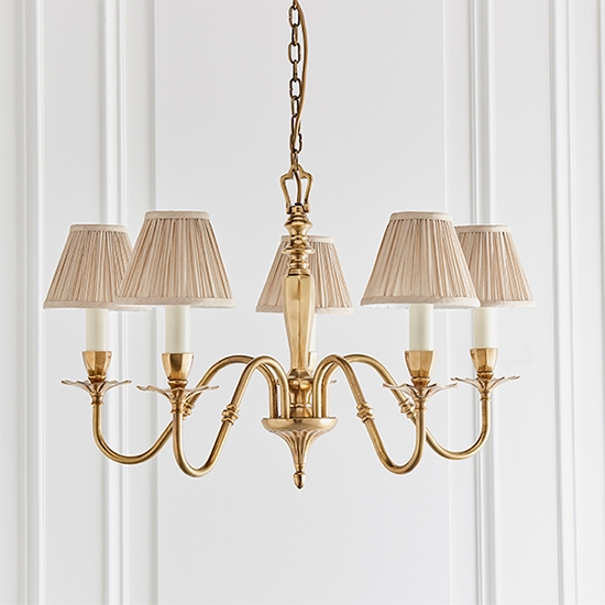 Asquith 5 Lights Ceiling Pendant Light In Solid Brass With Beige Shades