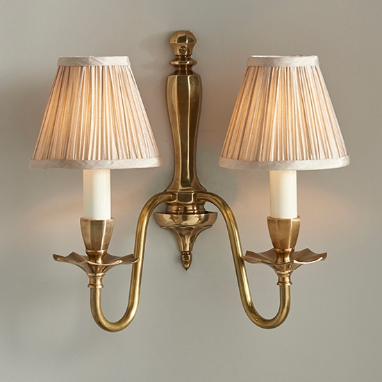 Asquith Twin Beige Shades Wall Light In Solid Brass And Gloss Ivory Paint