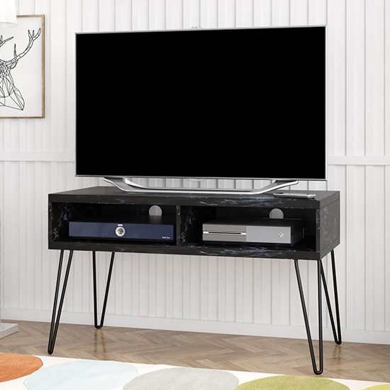 Athena Wooden Marble Effect Tv Stand With 2 Shelves In Black