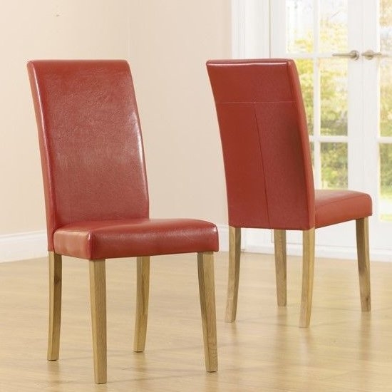 Atlanta Solid Oak Dining Chairs With Red Faux Leather Seat In Pair