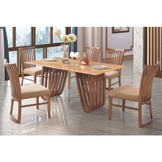 Aurora Natural Stone Marble Dining Set With Wooden Base And 4 Pu Chairs