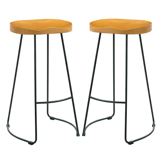 Bailey Pine Wood Seat Bar Stools In Pair With Black Metal Legs