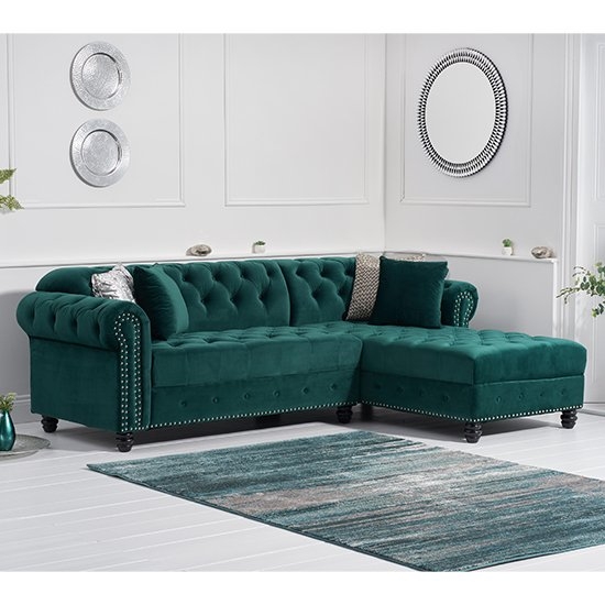 Barbican Right Facing Velvet Upholstered Corner Chaise Sofa In Green