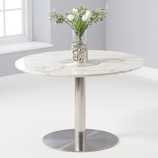 Battista 120cm Wooden Round Dining Table In White Marble Effect