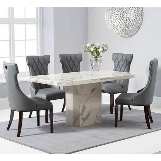 Becca 160cm White Marble Rectangular Dining Table With 6 Fredo Grey Chairs