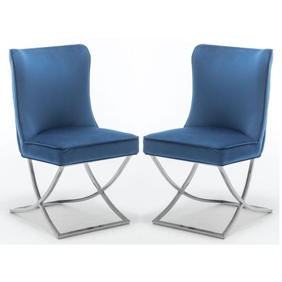 Belgravia Blue Velvet Dining Chair In Pair With Chrome Legs