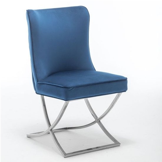 Belgravia Velvet Dining Chair In Blue With Chrome Legs