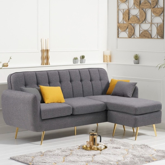 Bina Linen Fabric Upholstered 3 Seater Chaise Corner Sofa Bed In Grey